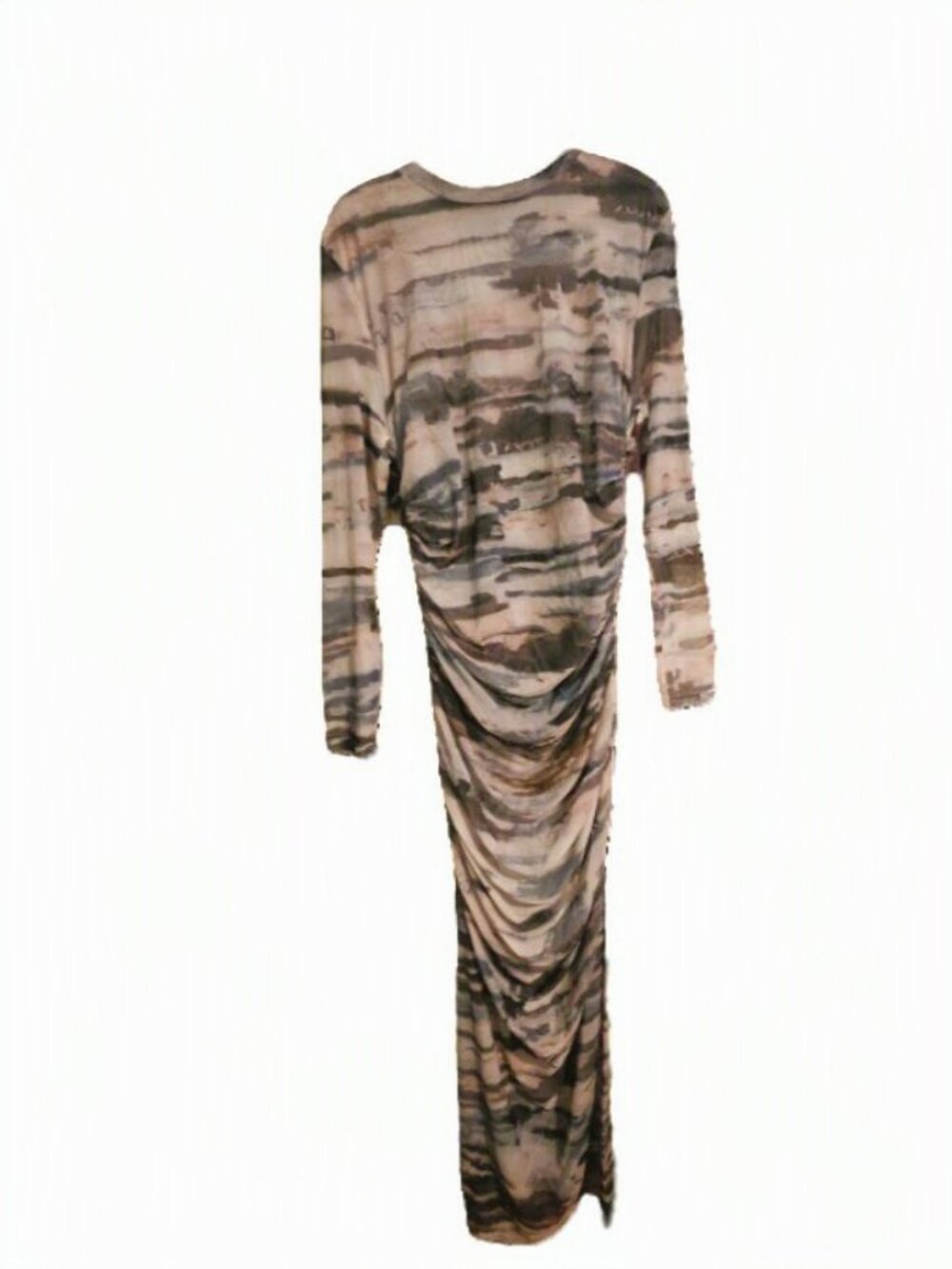 Abstract Watercolor Mesh Midi Dress Ruched Long Sleeve Bodycon Earth Tone Print
